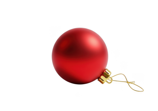 A single, plain red christmas ornament with a gold string, isolated on a transparent background