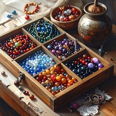 Assortment of colorful beads displayed in wooden box on table
