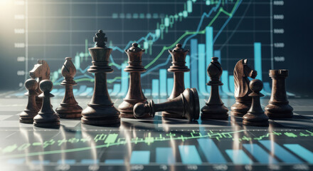 Chess pieces strategy on financial stock market chart