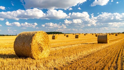 Autumn harvest landscape with golden hay bales in a rural farm field under a blue summer sky