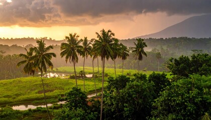 Obraz premium Tropical palm trees silhouette at sunset over the mountain landscape and sea