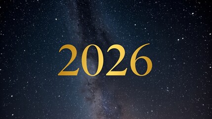 Golden 2026 sign on a starry night sky background.