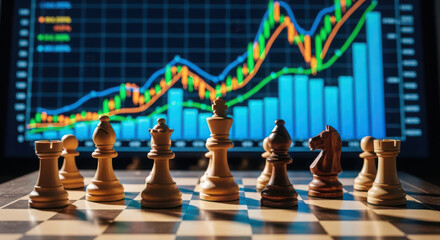 Chess pieces on board with stock market graph