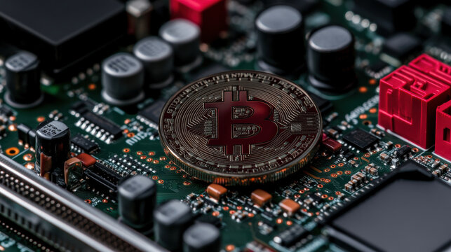 Coin on Circuit Board Cryptocurrency and Technology Conceptual