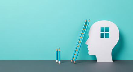 Silhouette of a man, window to the brain, ladder of success, open minded, brainstorming for ideas, disorder and psychology concept