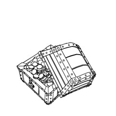 Outline for Filled by Coins Medieval Chest with Broken Padlock and Lid. Vector Illustration.