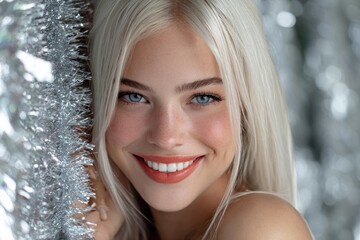 a beautiful blonde woman with bright orange lipstick smiles and poses behind the silver wall