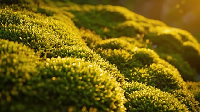 Close-up of bright green moss illuminated by golden sunlight