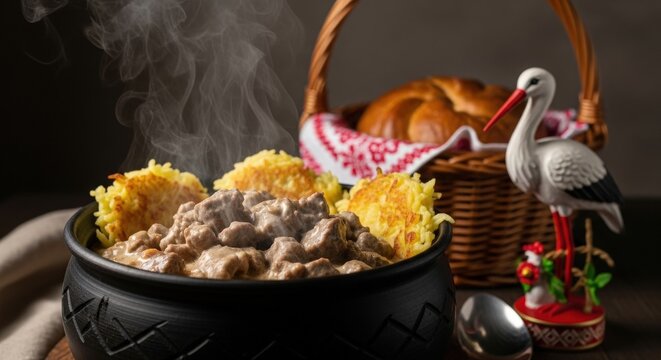 Hearty Belarusian Machanka &ndash; Beef in Rich Sour Cream Gravy over Crispy Draniki in Black Clay Pot, Creamy & Steaming with Wicker Bread Basket & Stork Carving, Moody Home Light