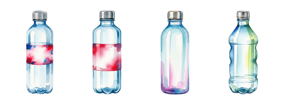 set of water bottle png watercolor illustration on transparent background