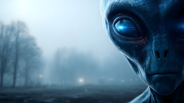 Mysterious Alien Encounter in Foggy Forest at Night