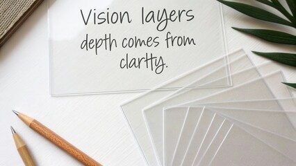 Inspirational quote on clarity and vision layers displayed on transparent sheets with a natural theme and wooden pencil