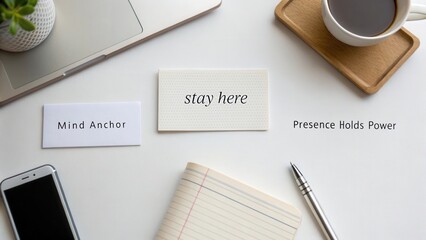 Inspiring Workspace with Affirmation Cards, Coffee, Laptop, and Notepad for Mindfulness and Productivity
