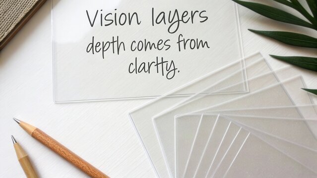 Inspirational quote on clarity and vision layers displayed on transparent sheets with a natural theme and wooden pencil