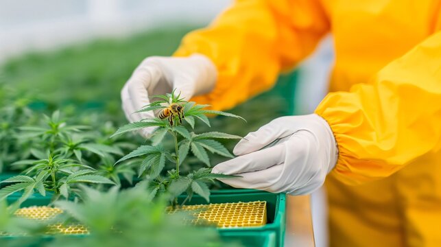 Young urban beekeeper wearing protective suit inspecting honeycomb frame in eco rooftop garden with green plants around.  - Powered by Adobe