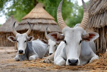 a scene of cows resting in the village, surrounded by thatched huts and other animals. the focus is on one brown cow with white spots lying down among several black cows