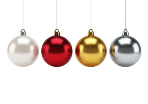 Four shiny christmas ornaments in red, gold, silver, and white hanging isolated on transparent background