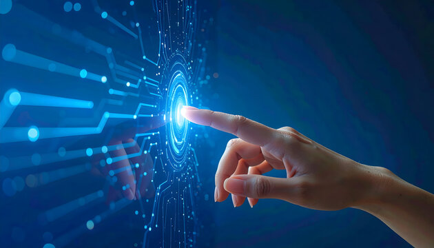 Human finger interacting with digital interface, technology concept for innovation and progress