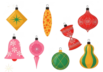 Collection of eight colorful vintage christmas ornaments isolated on transparent background