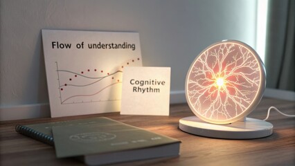 Modern desk arrangement with artistic lamp, notes, and graphs illustrating the flow of understanding and cognitive rhythm