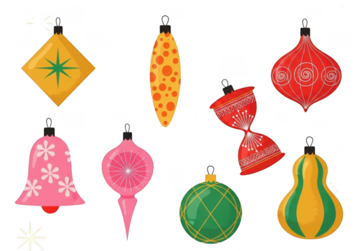 Collection of eight colorful vintage christmas ornaments isolated on transparent background