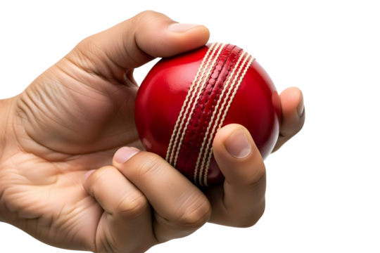 Hand holding a cricket ball isolated on transparent background