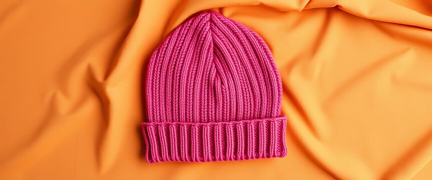 Flat lay beanie cap sewing pattern template on fabric background, graphic, project