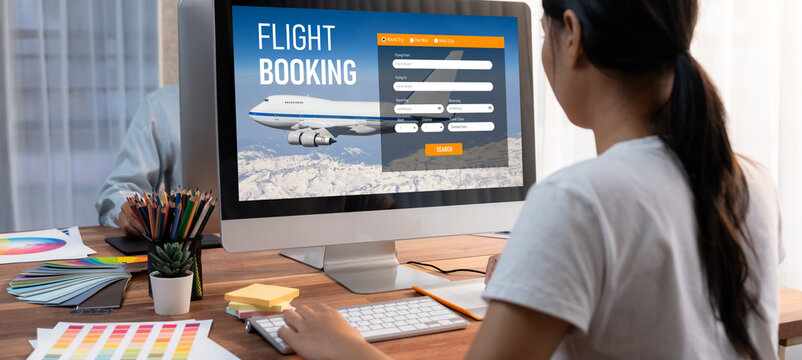 Online flight booking website provide brisk reservation system . Travel technology concept .