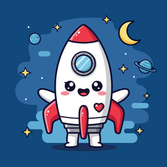 Fototapeta premium Cute cartoon rocket character with happy face and outstretched arms.