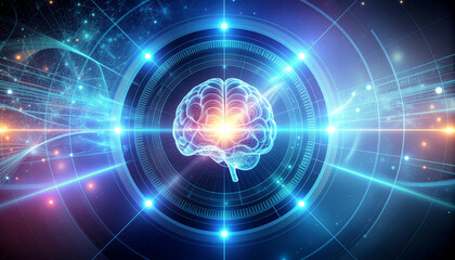 Futuristic brain surrounded by glowing circles and light beams.