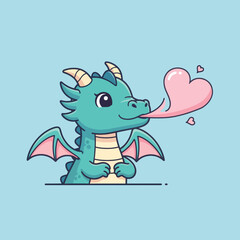 Obraz premium Cute Baby Dragon Blowing Pink Heart Shaped Bubble.