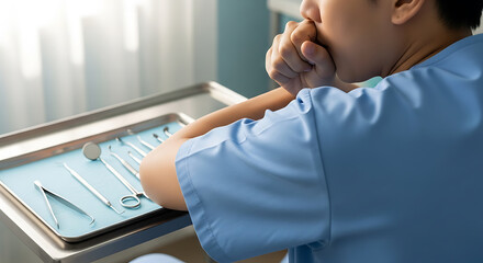 Healthcare professional in scrubs, deep in thought, next to medical instruments in a clinic setting