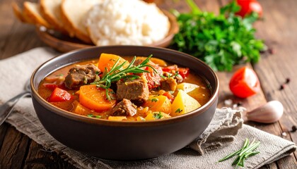 Hearty Beef and Vegetable Stew with Rustic Accompaniments