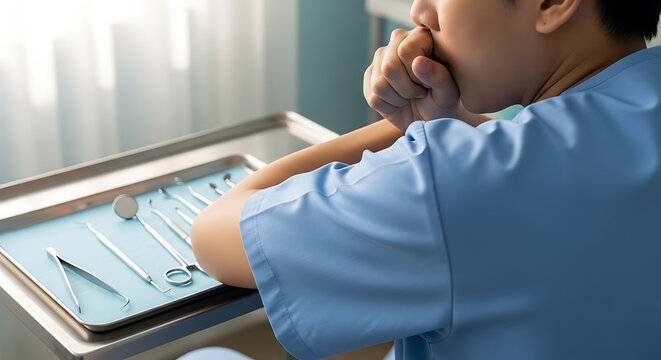 Healthcare professional in scrubs, deep in thought, next to medical instruments in a clinic setting