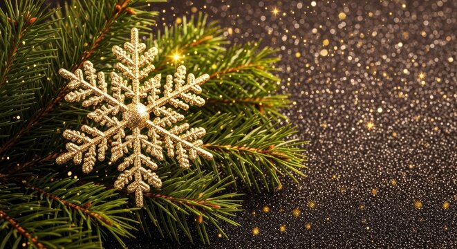 golden snowflake on pine branch with sparkling glitter background winter