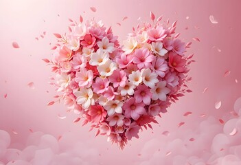 Pastel Beautiful pink floral heart shape, romantic flower bouquet design, love concept background. Ideal for anniversary, mother's day, wedding invitation