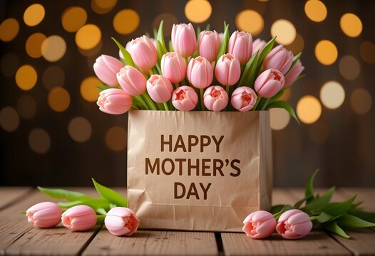 happy mothers day pink tulips in paper bag with bokeh lights. spring gift background. banner poster template