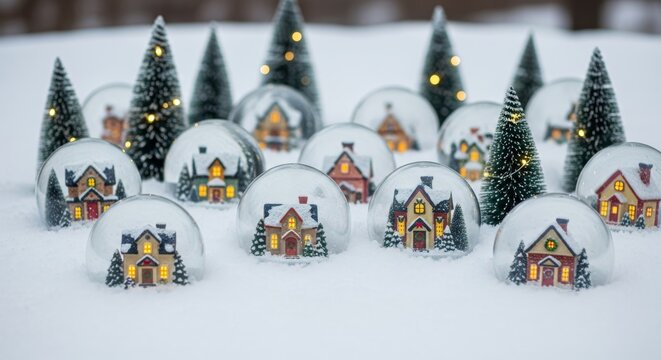 Enchanting snow globes with miniature illuminated houses in a winter wonderland