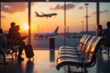 Defocused Background of Serene Sunset at Airport Terminal with Airplane in Background and Empty Waiting Chairs for Travelers. Blurred Background. 3d rendering.