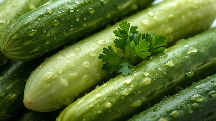 Fresh green cucumbers with water droplets and parsley garnish
