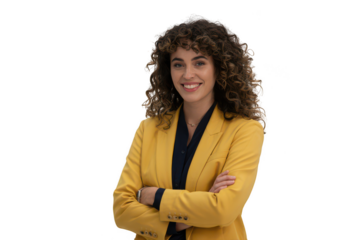 Woman with curly hair in yellow blazer isolated on transparent background