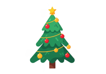 A festive green christmas tree adorned with red and yellow ornaments and a golden star on top, isolated on transparent background