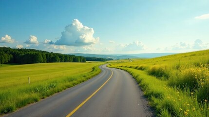 Fototapeta premium Asphalt ribbon winding through verdant pastures under a summer sky, a scenic countryside road journey awaits