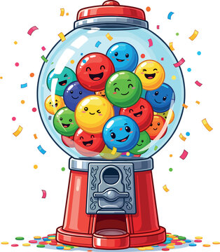 Happy gumball machine filled with colorful smiling gumballs and confetti