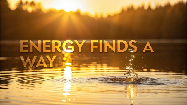 Serene Water Splash at Sunrise with Inspirational Quote Energy Finds a Way in Warm Golden Light Over Tranquil Lake