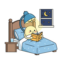 Cute character reading a book in bed at night.