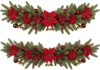 Two festive christmas garlands with red poinsettias, gold bells, and pine branches isolated on transparent background