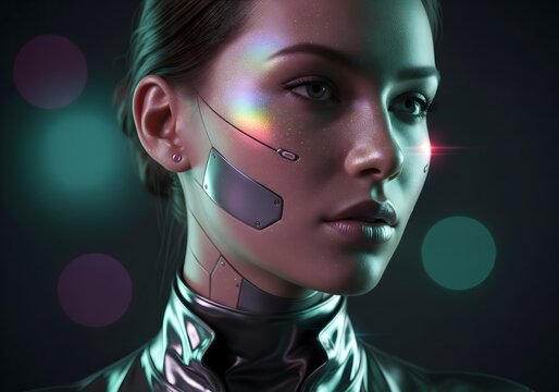 Futuristic AI Cyborg Woman Portrait with Holographic Details