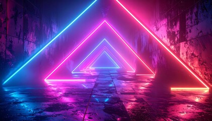 Illuminated triangles with a neon glow create an optical illusion tunnel. Reflections in wet ground. Dark, industrial