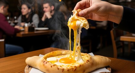 Hand pulling hot Khachapuri Adjaruli with melted cheese and runny egg yolk